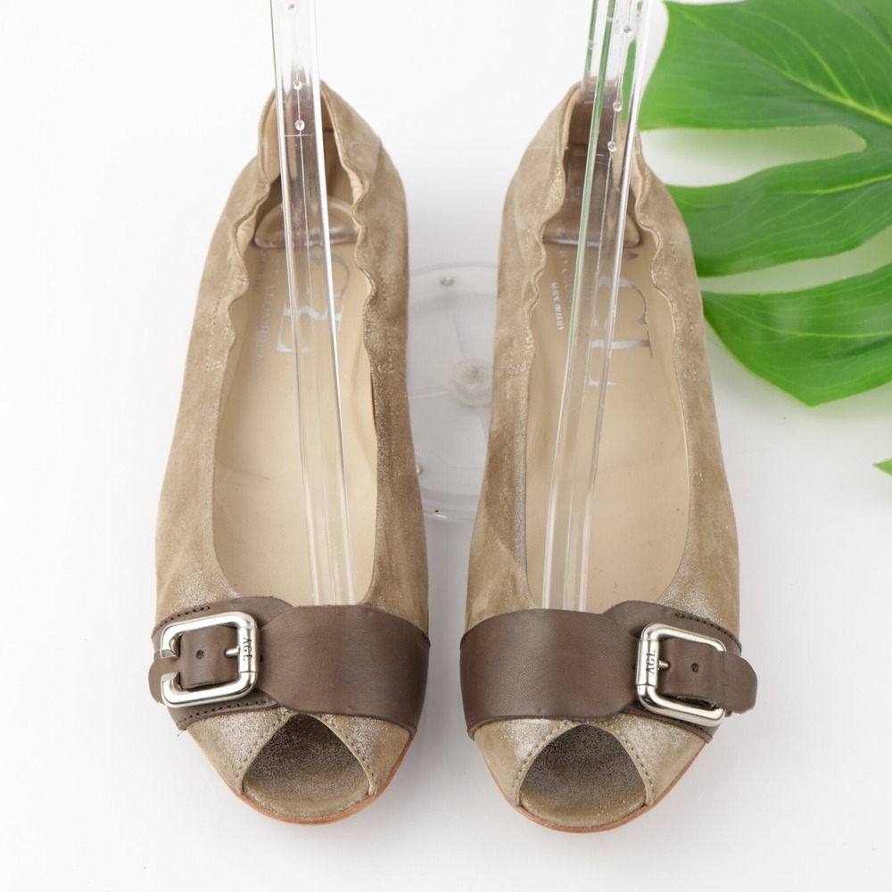 AGL Womens Flats Size 39.5 9.5 Taupe Gold Shimmer Leather Peep Toe Shoes Buckles